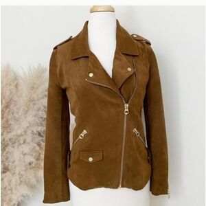 H&M Faux Leather Brown Women's Zip Up Jacket Gold Accent Sz. 8